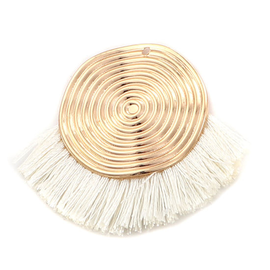 Picture of Polyester Tassel Pendants Spiral Gold Plated White 45mm(1 6/8") x 35mm(1 3/8"), 3 PCs