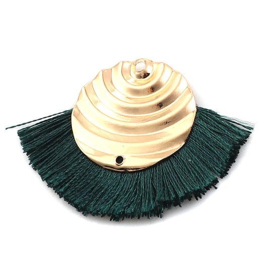 Picture of Polyester Tassel Pendants Round Gold Plated Dark Green 43mm(1 6/8") x 30mm(1 1/8"), 3 PCs