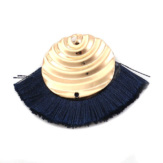 Picture of Polyester Tassel Pendants Round Gold Plated Deep Blue 43mm(1 6/8") x 30mm(1 1/8"), 3 PCs