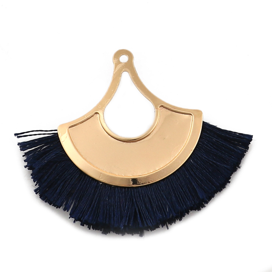Picture of Polyester Tassel Pendants Fan-shaped Gold Plated Deep Blue 45mm(1 6/8") x 37mm(1 4/8"), 3 PCs