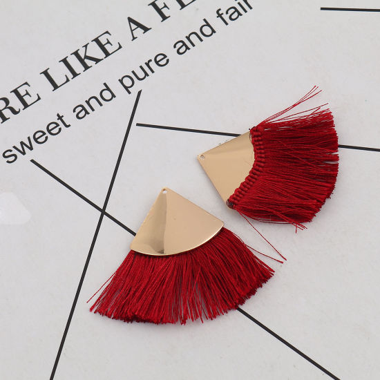 Immagine di Poliestere Nappine Ciondoli Triangolo Oro Placcato Colore di Vino Rosso 60mm x 45mm, 3 Pz