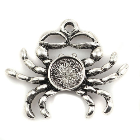 Zinc Based Alloy Ocean Jewelry Pendants Crab Animal Antique Silver Color Cabochon Settings (Fits 10mm Dia.) 38mm x 31mm, 5 PCs