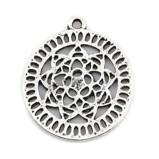 Imagen de Zamak Flor de la vida Colgantes Charms Ronda Plata Antigua Flor 28mm x 24mm, 10 Unidades