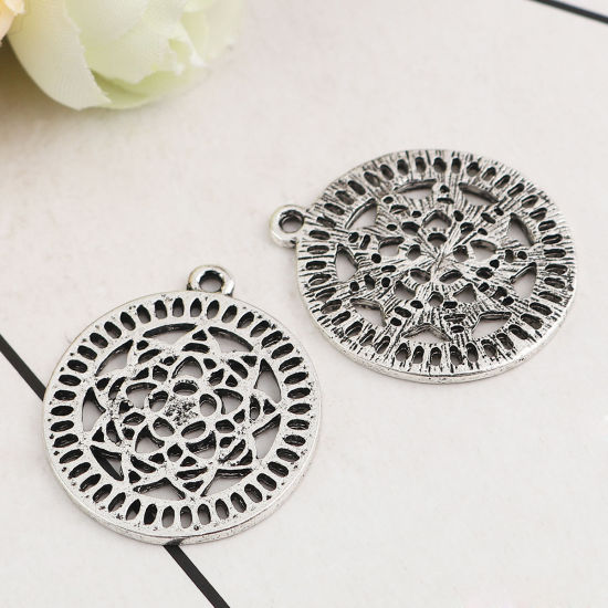 Imagen de Zamak Flor de la vida Colgantes Charms Ronda Plata Antigua Flor 28mm x 24mm, 10 Unidades