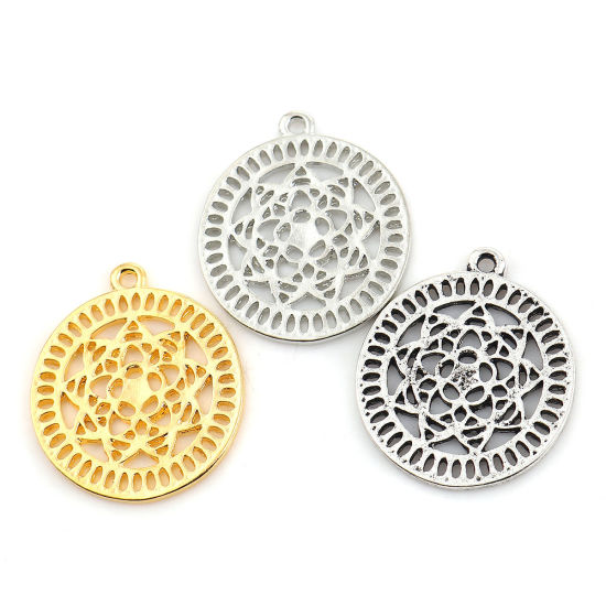 Imagen de Zamak Flor de la vida Colgantes Charms Ronda Plata Antigua Flor 28mm x 24mm, 10 Unidades