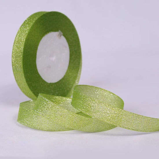 Picture of Chemical Fiber Satin Ribbon Yellow-green Glitter 15mm( 5/8"), 1 Roll (Approx 25 Yards/Roll)