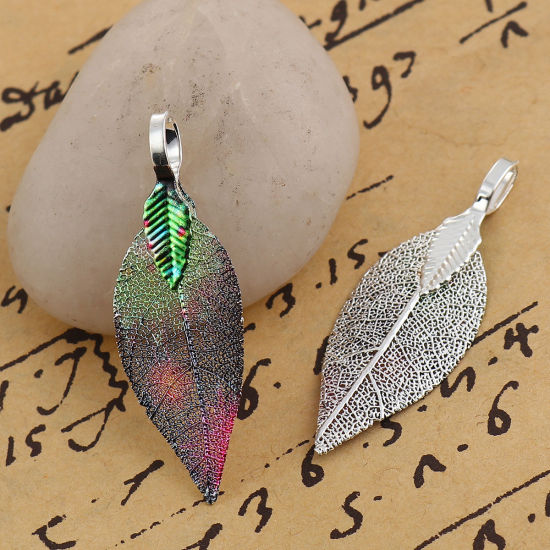 Изображение Латунь + Природный Лист Подвески Разноцветный 39мм x 15мм, 2 ШТ