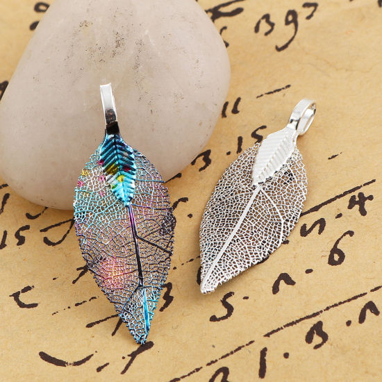 Изображение Латунь + Природный Лист Подвески Разноцветный 39мм x 15мм, 2 ШТ