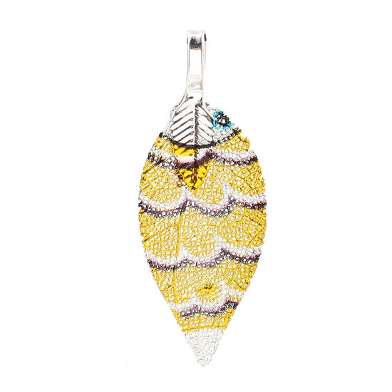 Picture of Brass & Natural Leaf Pendants Fish Animal Silver Plated Yellow 39mm(1 4/8") x 14mm( 4/8"), 2 PCs                                                                                                                                                              