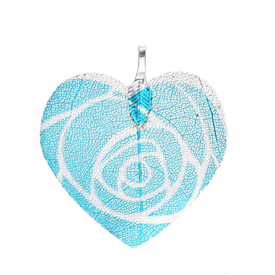Picture of Brass & Natural Leaf Pendants Heart Silver Plated Blue Flower 46mm(1 6/8") x 41mm(1 5/8"), 2 PCs