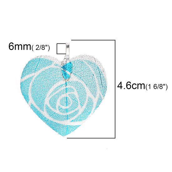 Picture of Brass & Natural Leaf Pendants Heart Silver Plated Blue Flower 46mm(1 6/8") x 41mm(1 5/8"), 2 PCs
