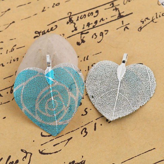 Picture of Brass & Natural Leaf Pendants Heart Silver Plated Blue Flower 46mm(1 6/8") x 41mm(1 5/8"), 2 PCs