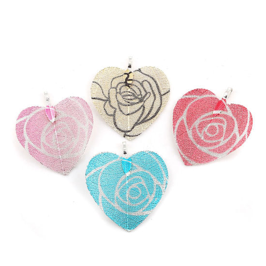 Picture of Brass & Natural Leaf Pendants Heart Silver Plated Blue Flower 46mm(1 6/8") x 41mm(1 5/8"), 2 PCs