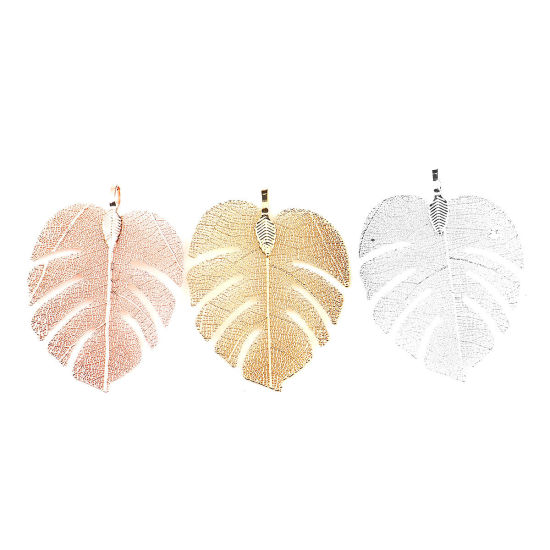 Image de Pendentifs en Laiton & Feuille Naturelle Argenté 53mm x 40mm, 2 Pcs                                                                                                                                                                                           