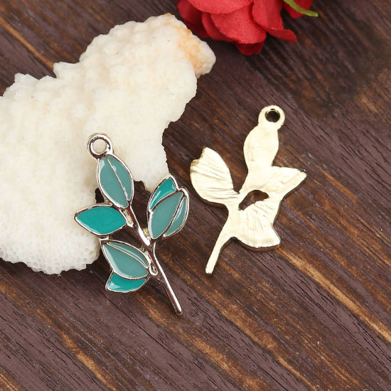 Imagen de Zamak Colgantes Hoja Chapado en Oro Verde Esmalte 31mm x 18mm, 10 Unidades