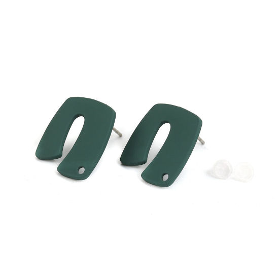 Picture of Zinc Based Alloy Ear Post Stud Earrings Findings N-shape Dark Green W/ Loop 17mm x 15mm, Post/ Wire Size: (21 gauge), 10 PCs