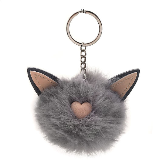 Picture of Plush Keychain & Keyring Cat Animal Silver Tone French Gray Pom Pom Ball 13cm x 10cm, 1 Piece
