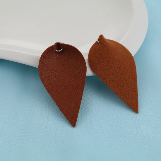 Immagine di PU Ciondoli Foglia Tono Argento Marrone Con Anello 63mm x 33mm, 20 Pz