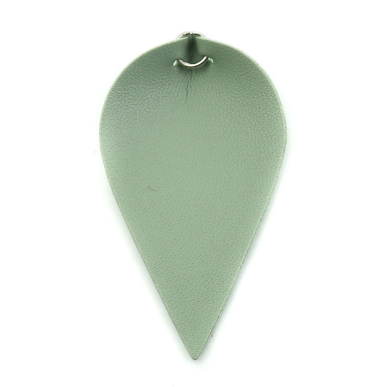 Picture of PU Leather Pendants Leaf Silver Tone Light Green W/ Jump Ring 63mm(2 4/8") x 33mm(1 2/8"), 20 PCs