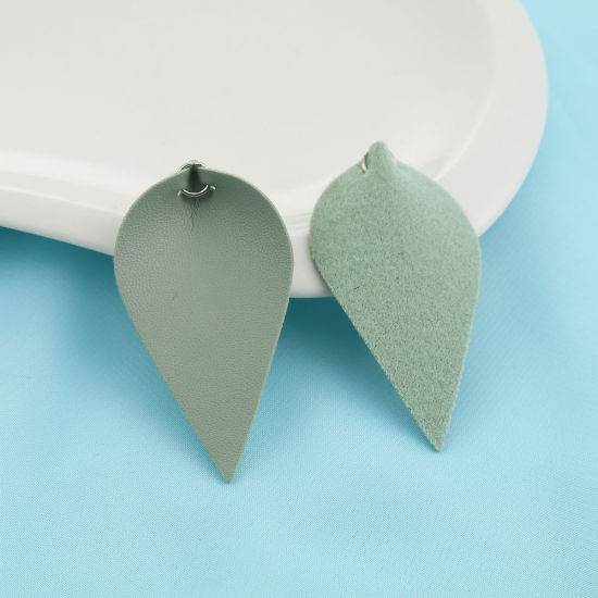 Immagine di PU Ciondoli Foglia Tono Argento Verde Chiaro Con Anello 63mm x 33mm, 20 Pz