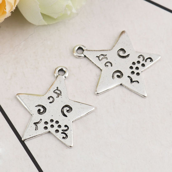 Picture of Zinc Based Alloy Charms Pentagram Star Antique Silver Color 25mm(1") x 23mm( 7/8"), 20 PCs