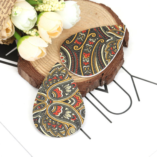 Picture of PU Leather Pendants Drop Multicolor Carved 56mm(2 2/8") x 38mm(1 4/8"), 10 PCs