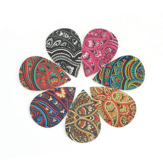 Picture of PU Leather Pendants Drop Multicolor Carved 56mm(2 2/8") x 38mm(1 4/8"), 10 PCs