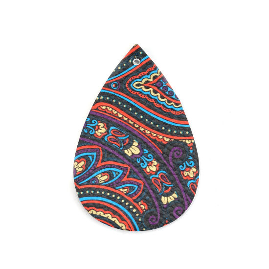 Picture of PU Leather Pendants Drop Multicolor Carved 56mm(2 2/8") x 38mm(1 4/8"), 10 PCs