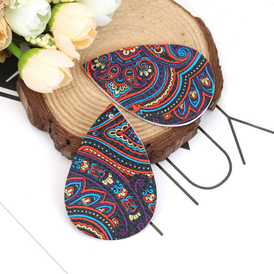 Picture of PU Leather Pendants Drop Multicolor Carved 56mm(2 2/8") x 38mm(1 4/8"), 10 PCs