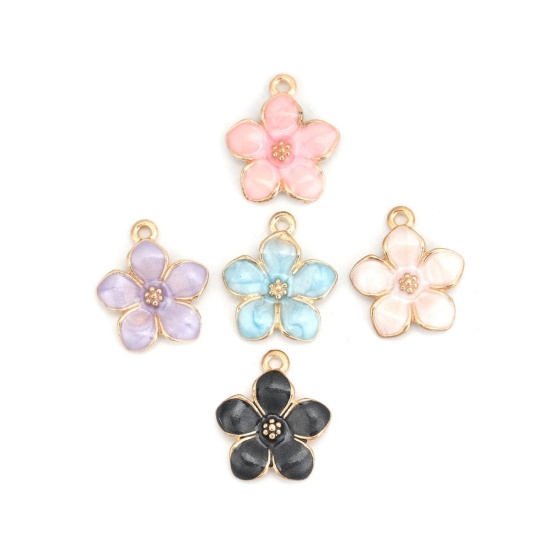 Picture of Zinc Based Alloy Charms Flower Gold Plated Pink Enamel 17mm( 5/8") x 15mm( 5/8"), 20 PCs