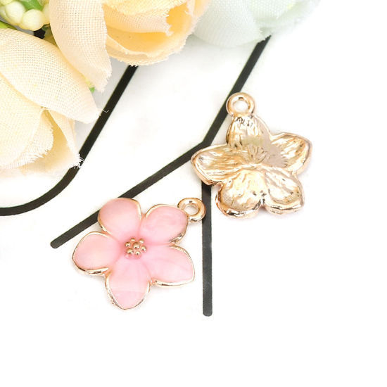 Picture of Zinc Based Alloy Charms Flower Gold Plated Pink Enamel 17mm( 5/8") x 15mm( 5/8"), 20 PCs