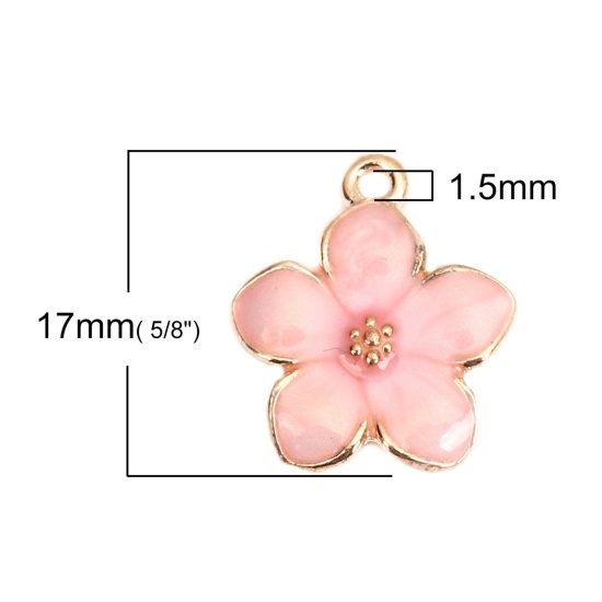 Picture of Zinc Based Alloy Charms Flower Gold Plated Pink Enamel 17mm( 5/8") x 15mm( 5/8"), 20 PCs