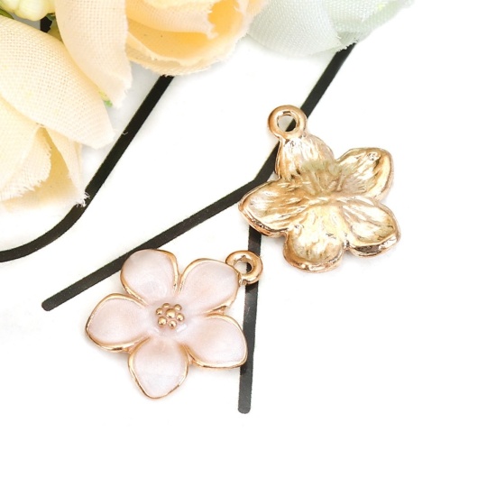 Picture of Zinc Based Alloy Charms Flower Gold Plated White Enamel 17mm( 5/8") x 15mm( 5/8"), 20 PCs