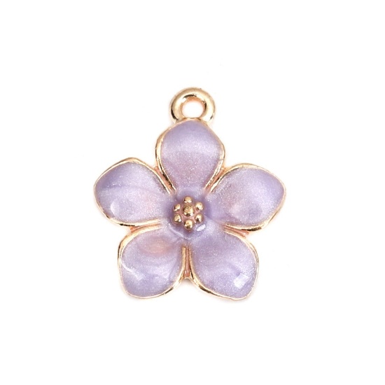 Picture of Zinc Based Alloy Charms Flower Gold Plated Purple Enamel 17mm( 5/8") x 15mm( 5/8"), 20 PCs