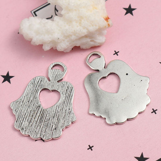 Picture of Zinc Based Alloy Charms Angel Antique Silver Color Heart 27mm(1 1/8") x 22mm( 7/8"), 10 PCs