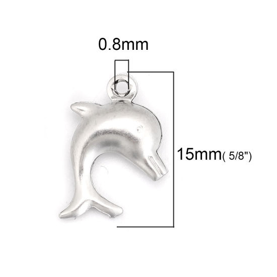 Picture of 316 Stainless Steel Ocean Jewelry Charms Dolphin Animal Silver Tone 15mm( 5/8") x 11mm( 3/8"), 20 PCs