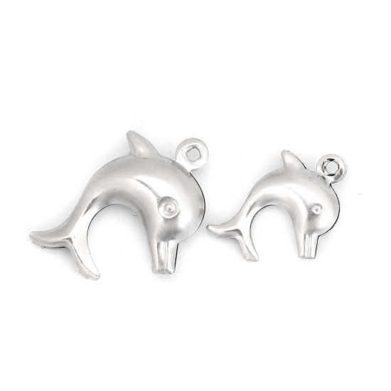 Picture of 316 Stainless Steel Ocean Jewelry Charms Dolphin Animal Silver Tone 15mm( 5/8") x 11mm( 3/8"), 20 PCs