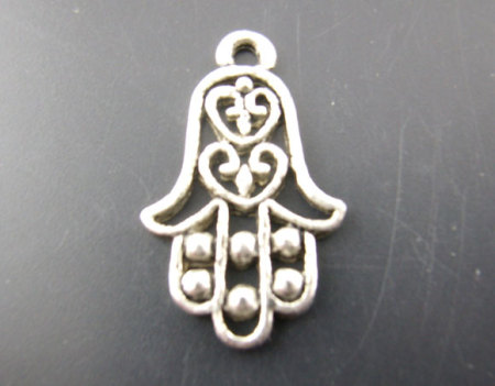 Imagen de Colgantes Aleación del Metal Del Zinc de Palma,Hueco Plata Antigua Rhinestone 22.0mm x 13.0mm, 30 Unidades 