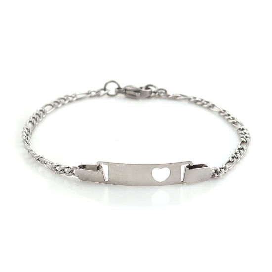 Picture of 304 Stainless Steel Bracelets Silver Tone Rectangle Heart 19cm(7 4/8") long, 1 Piece