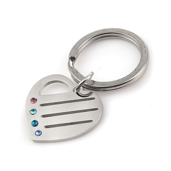 Picture of Stainless Steel Keychain & Keyring Heart Silver Tone Multicolor Rhinestone 50mm(2") x 25mm(1"), 1 Piece