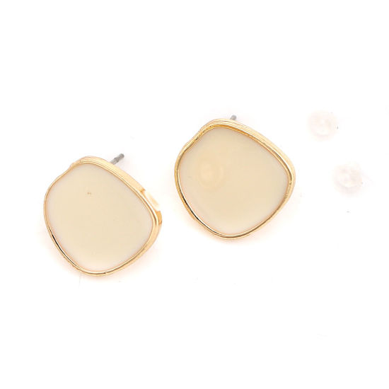 Picture of Zinc Based Alloy Ear Post Stud Earrings Findings Irregular Gold Plated Creamy-White Enamel (W/ Open Loop) 15mm x 14mm, Post/ Wire Size: (21 gauge), 10 PCs