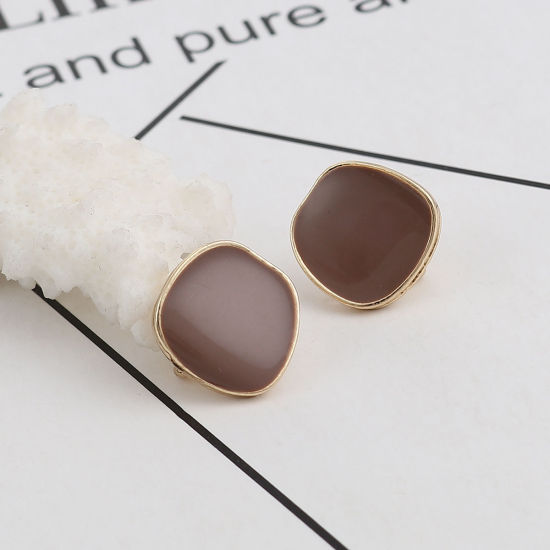 Image de Boucles d'Oreilles Puces en Alliage de Zinc Irrégulier Kaki Doré Email avec Boucle Ouvert 15mm x 14mm, Epaisseur de Fil: (21 gauge), 10 Pcs