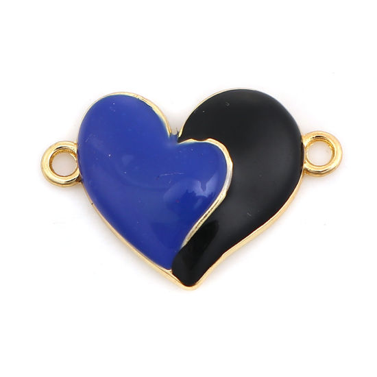 Immagine di Lega di Zinco Connettore Accessori Cuore Oro Placcato Blu Marino & Nero Smalto 29mm x 20mm, 10 Pz