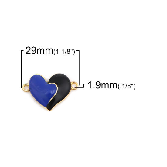 Immagine di Lega di Zinco Connettore Accessori Cuore Oro Placcato Blu Marino & Nero Smalto 29mm x 20mm, 10 Pz