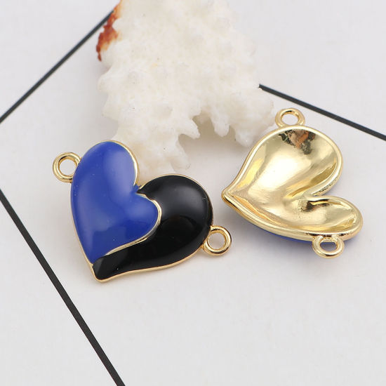 Immagine di Lega di Zinco Connettore Accessori Cuore Oro Placcato Blu Marino & Nero Smalto 29mm x 20mm, 10 Pz