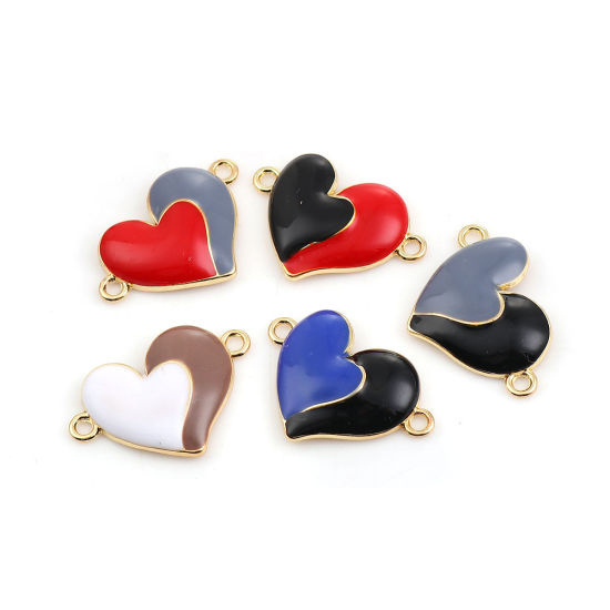 Immagine di Lega di Zinco Connettore Accessori Cuore Oro Placcato Blu Marino & Nero Smalto 29mm x 20mm, 10 Pz