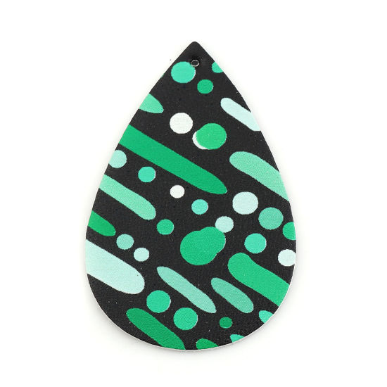 Picture of PU Leather Pendants Drop Black & Green At Random Mixed Line Dot 56mm(2 2/8") x 38mm(1 4/8"), 5 PCs