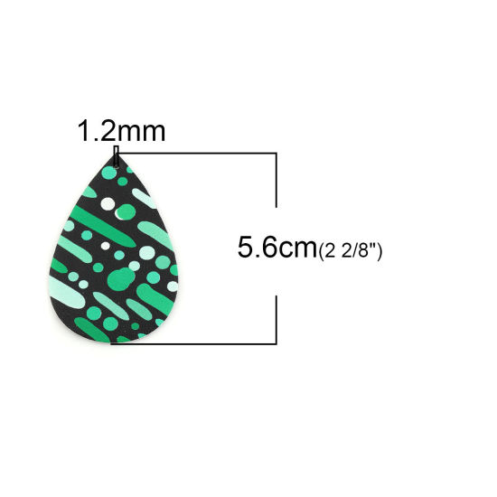 ポリウレタン ペンダント 滴 ドロップ 黒 緑 点 パターンランダム 56mm x 38mm、 5 個 の画像