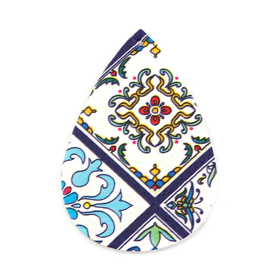 Picture of PU Leather Pendants Drop White & Multicolor At Random Mixed Pattern 56mm(2 2/8") x 38mm(1 4/8"), 5 PCs