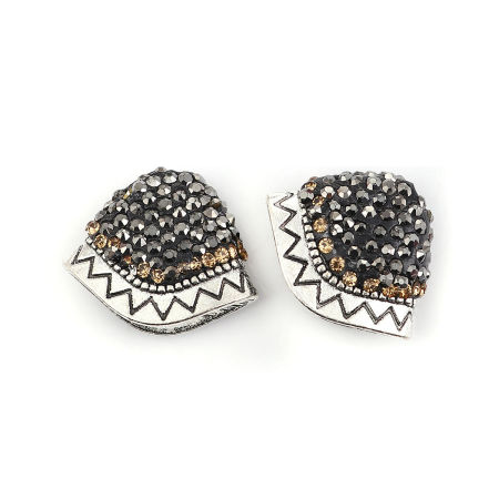 Zinklegierung Micro Pave Quaste Perlkappe Fächer-Form Antiksilber Dunkelgrau Welle Sektfarben Strassstein 23mm x 18mm, 2 Stück